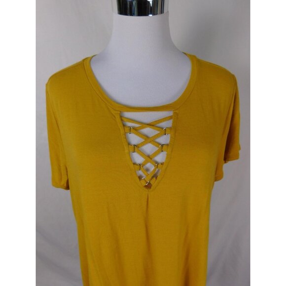 Wonderly Shirt Womens Large Yellow Lattice Neck Short Sleeve Linen Blend Tee Top - Picture 2 of 9